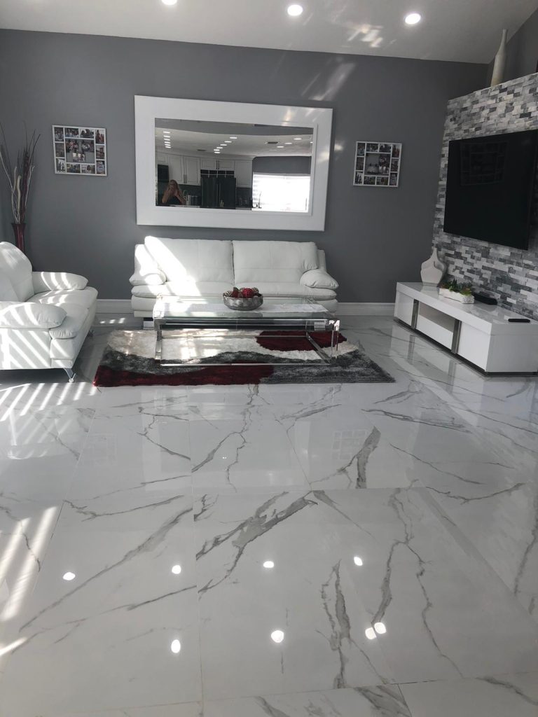 Living room with white marble floor